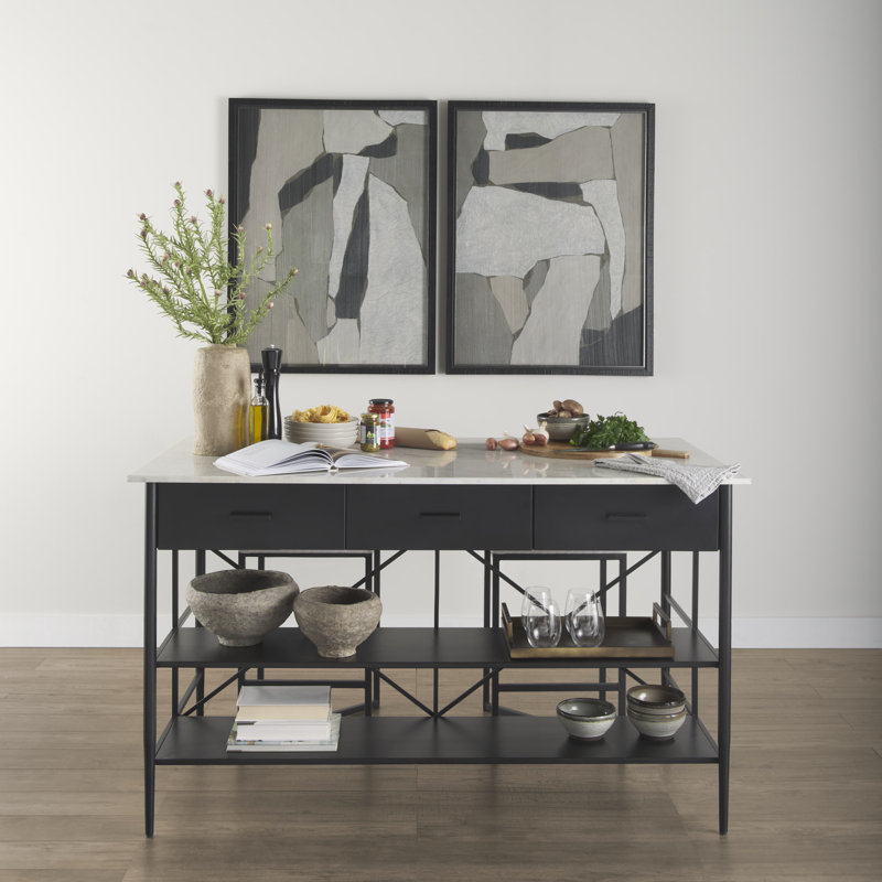 AllModern Mya White Marble Top Black Metal Base Kitchen Island